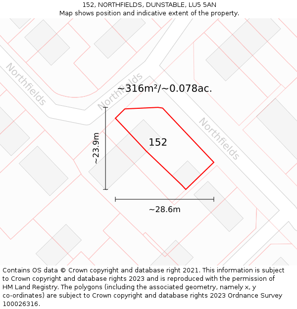 152, NORTHFIELDS, DUNSTABLE, LU5 5AN: Plot and title map