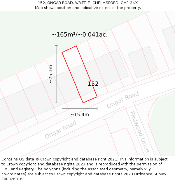 152, ONGAR ROAD, WRITTLE, CHELMSFORD, CM1 3NX: Plot and title map