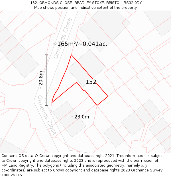 152, ORMONDS CLOSE, BRADLEY STOKE, BRISTOL, BS32 0DY: Plot and title map