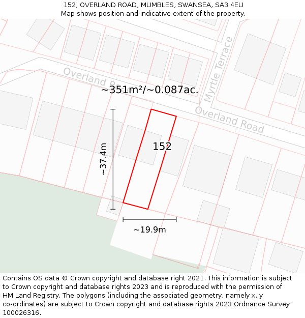 152, OVERLAND ROAD, MUMBLES, SWANSEA, SA3 4EU: Plot and title map