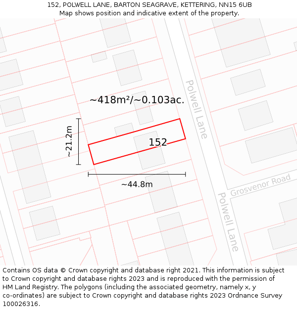 152, POLWELL LANE, BARTON SEAGRAVE, KETTERING, NN15 6UB: Plot and title map