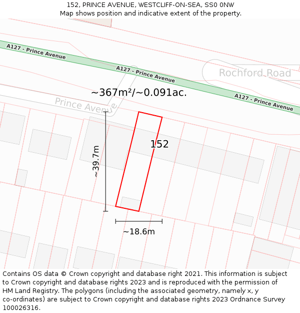 152, PRINCE AVENUE, WESTCLIFF-ON-SEA, SS0 0NW: Plot and title map