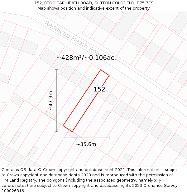 152, REDDICAP HEATH ROAD, SUTTON COLDFIELD, B75 7ES: Plot and title map