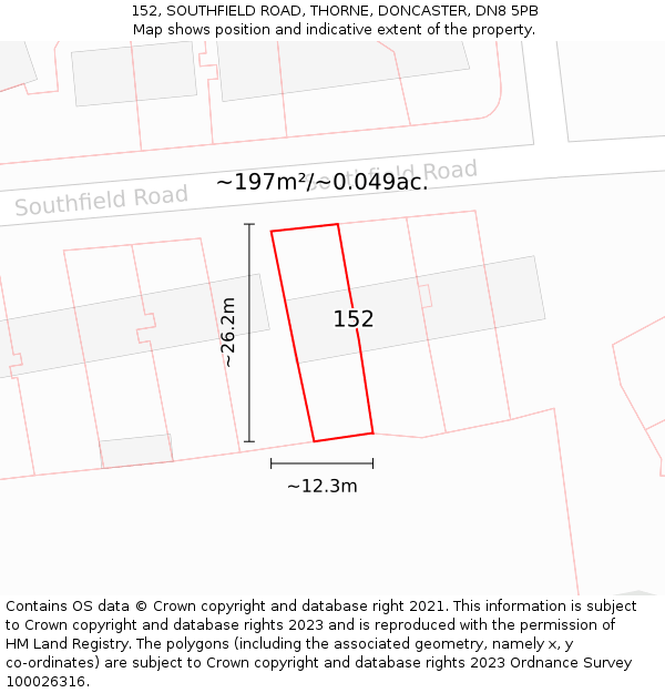 152, SOUTHFIELD ROAD, THORNE, DONCASTER, DN8 5PB: Plot and title map