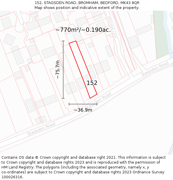 152, STAGSDEN ROAD, BROMHAM, BEDFORD, MK43 8QR: Plot and title map