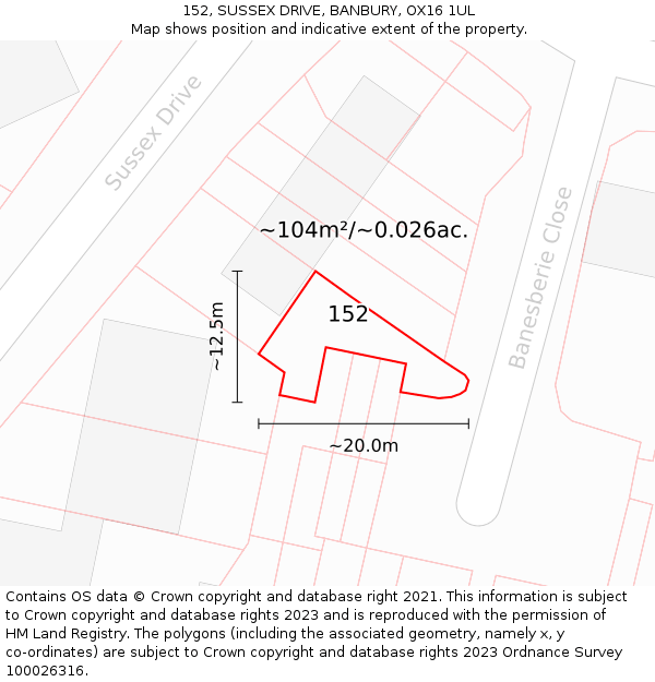 152, SUSSEX DRIVE, BANBURY, OX16 1UL: Plot and title map