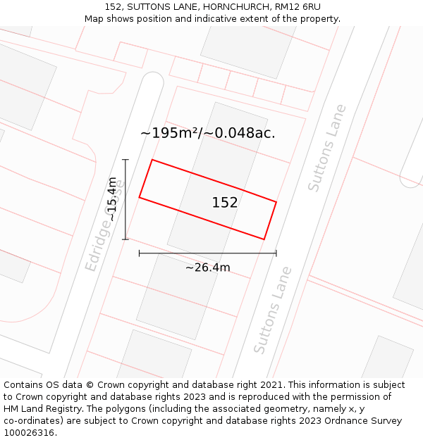 152, SUTTONS LANE, HORNCHURCH, RM12 6RU: Plot and title map