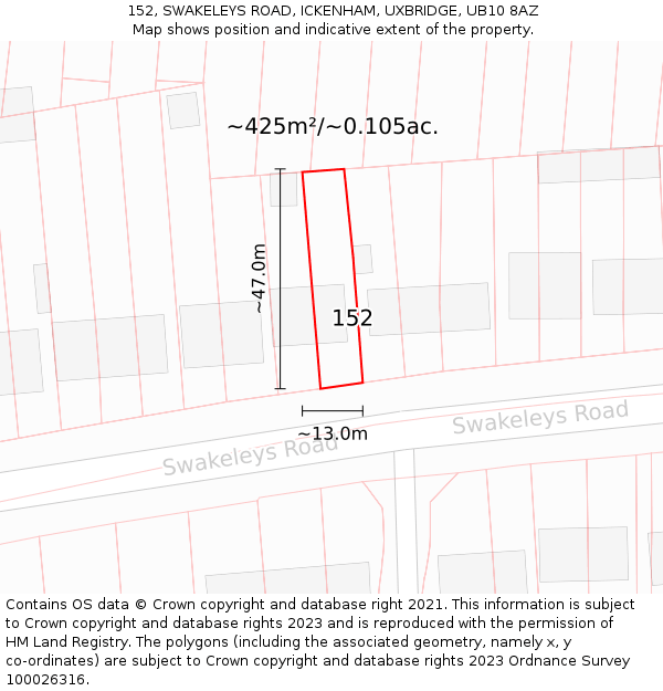 152, SWAKELEYS ROAD, ICKENHAM, UXBRIDGE, UB10 8AZ: Plot and title map