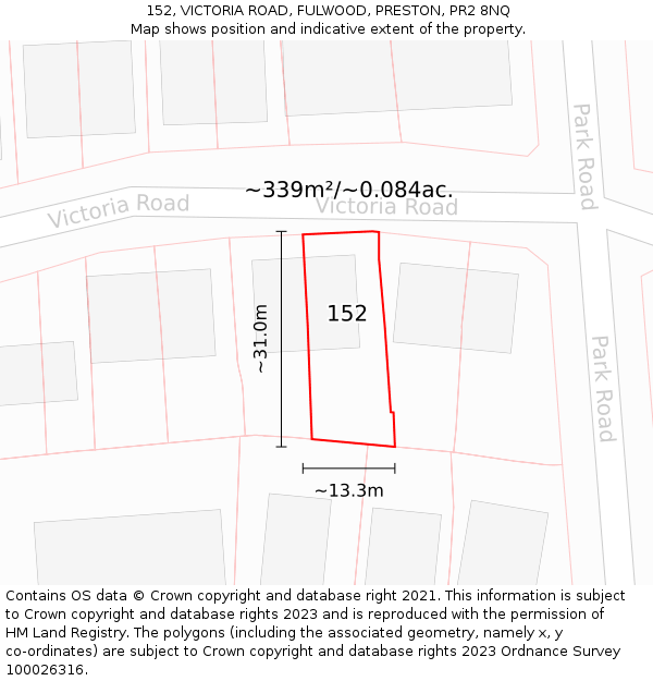 152, VICTORIA ROAD, FULWOOD, PRESTON, PR2 8NQ: Plot and title map