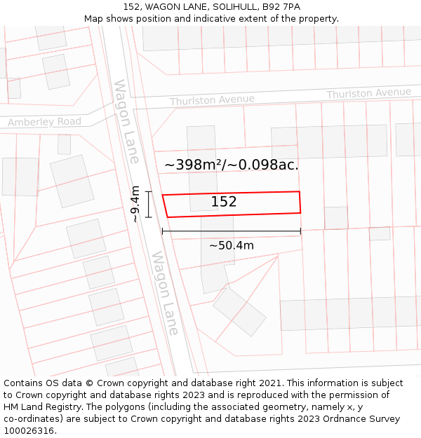 152, WAGON LANE, SOLIHULL, B92 7PA: Plot and title map