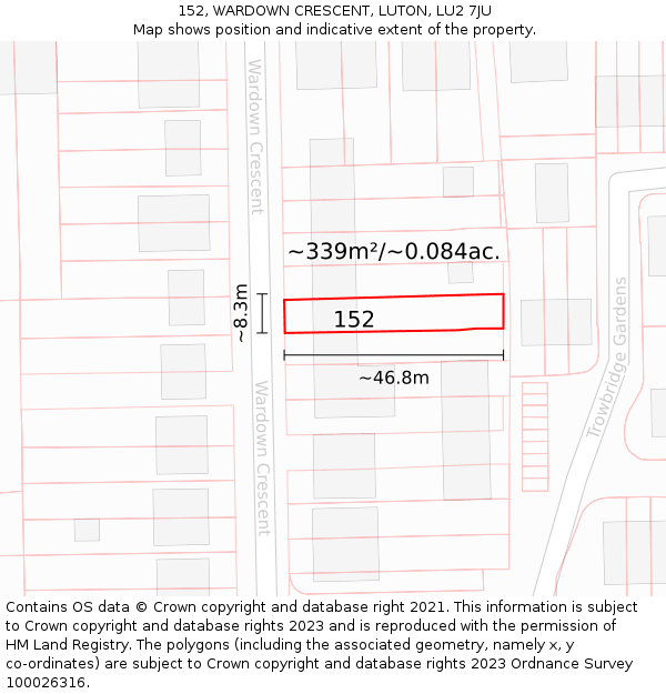 152, WARDOWN CRESCENT, LUTON, LU2 7JU: Plot and title map