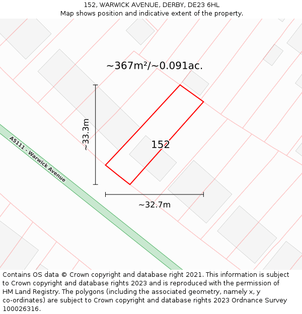 152, WARWICK AVENUE, DERBY, DE23 6HL: Plot and title map