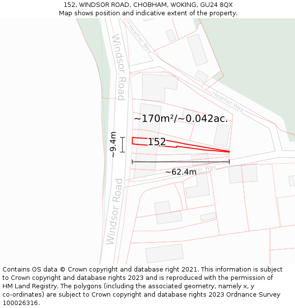 152, WINDSOR ROAD, CHOBHAM, WOKING, GU24 8QX: Plot and title map
