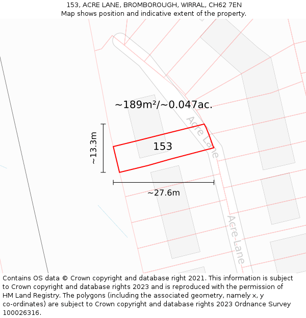 153, ACRE LANE, BROMBOROUGH, WIRRAL, CH62 7EN: Plot and title map