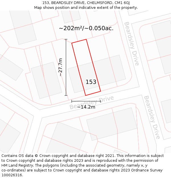 153, BEARDSLEY DRIVE, CHELMSFORD, CM1 6GJ: Plot and title map