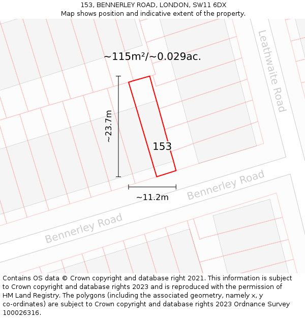 153, BENNERLEY ROAD, LONDON, SW11 6DX: Plot and title map