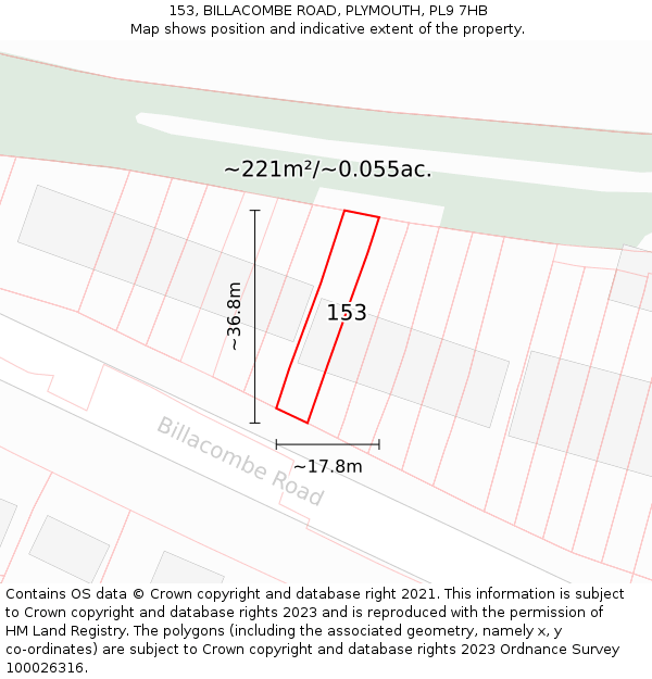 153, BILLACOMBE ROAD, PLYMOUTH, PL9 7HB: Plot and title map