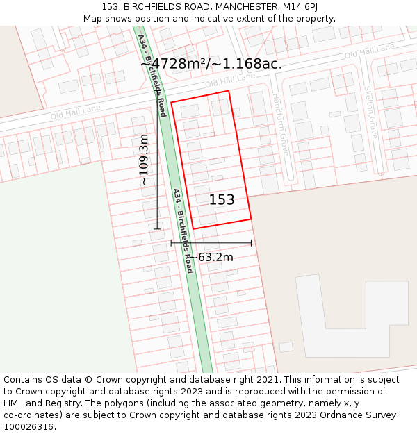 153, BIRCHFIELDS ROAD, MANCHESTER, M14 6PJ: Plot and title map