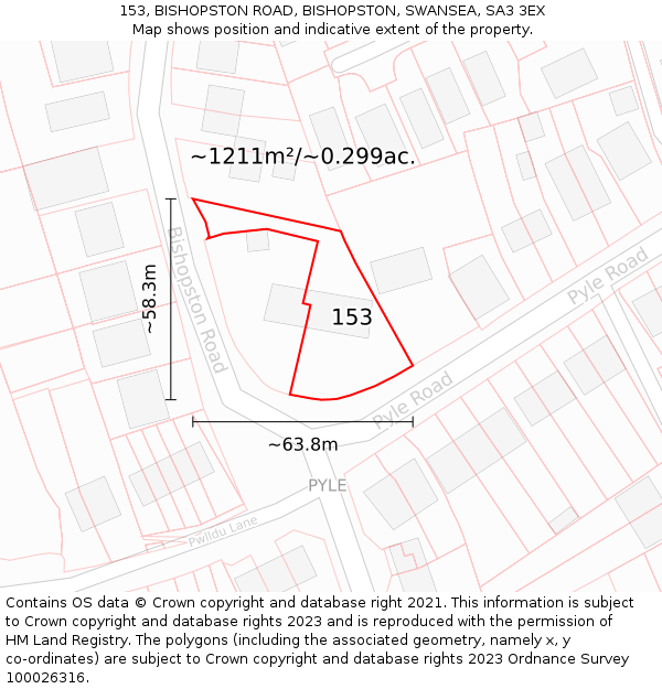 153, BISHOPSTON ROAD, BISHOPSTON, SWANSEA, SA3 3EX: Plot and title map