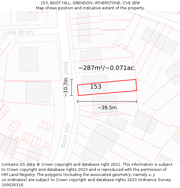 153, BOOT HILL, GRENDON, ATHERSTONE, CV9 2EW: Plot and title map