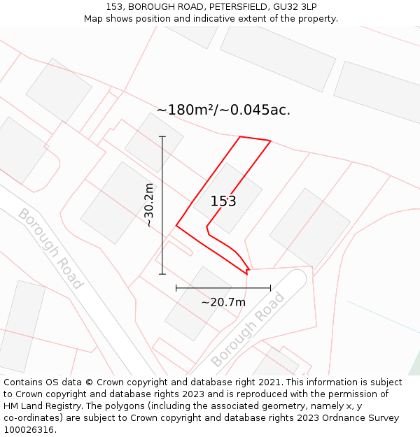 153, BOROUGH ROAD, PETERSFIELD, GU32 3LP: Plot and title map