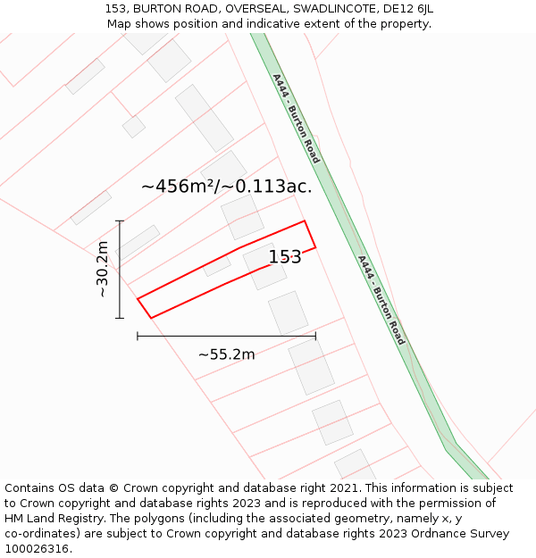 153, BURTON ROAD, OVERSEAL, SWADLINCOTE, DE12 6JL: Plot and title map