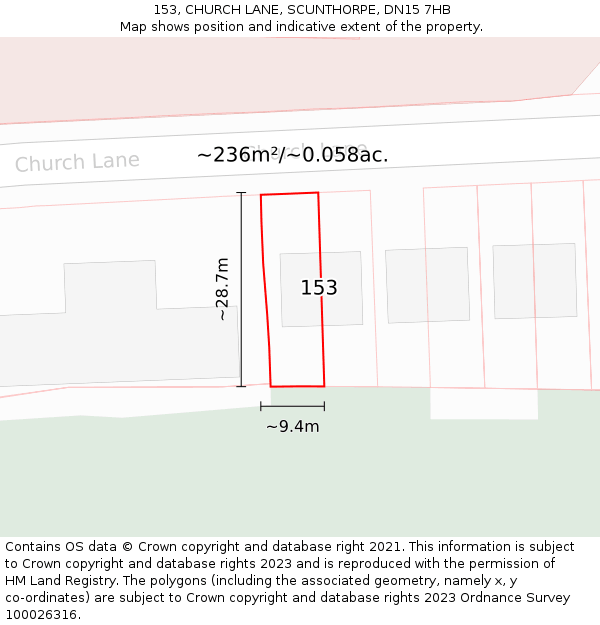 153, CHURCH LANE, SCUNTHORPE, DN15 7HB: Plot and title map