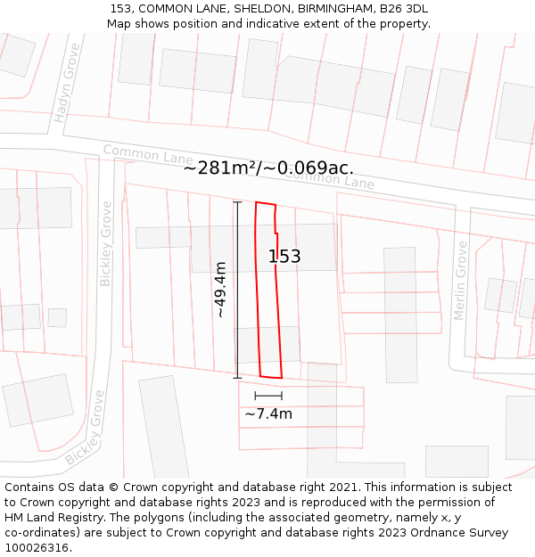 153, COMMON LANE, SHELDON, BIRMINGHAM, B26 3DL: Plot and title map