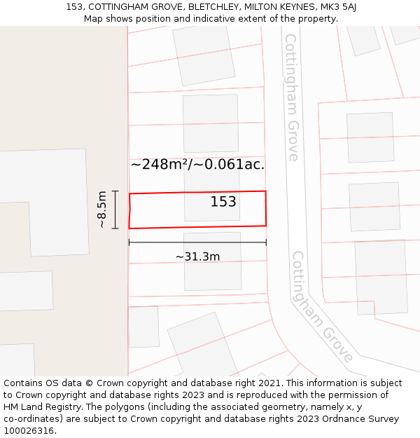 153, COTTINGHAM GROVE, BLETCHLEY, MILTON KEYNES, MK3 5AJ: Plot and title map