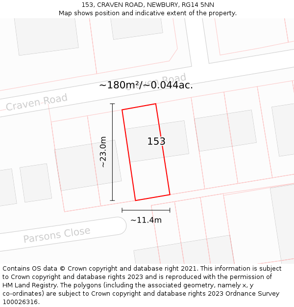 153, CRAVEN ROAD, NEWBURY, RG14 5NN: Plot and title map