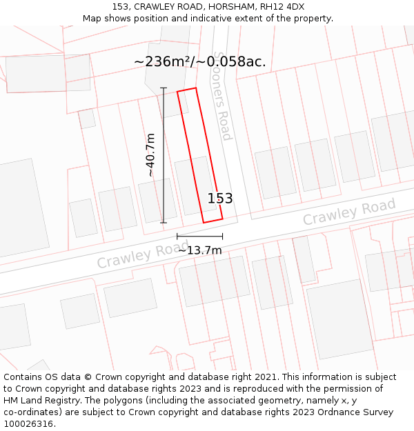 153, CRAWLEY ROAD, HORSHAM, RH12 4DX: Plot and title map