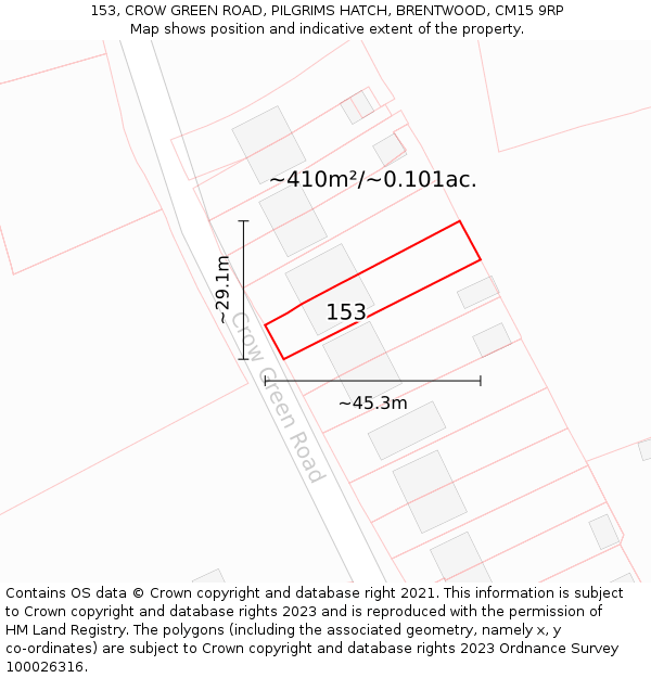 153, CROW GREEN ROAD, PILGRIMS HATCH, BRENTWOOD, CM15 9RP: Plot and title map