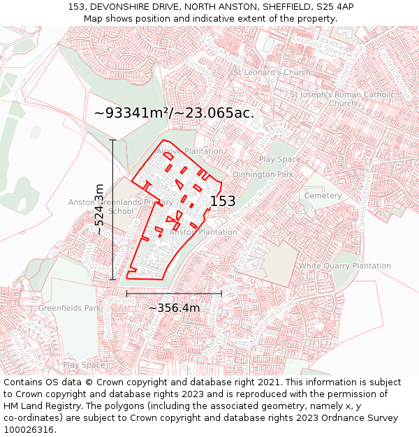 153, DEVONSHIRE DRIVE, NORTH ANSTON, SHEFFIELD, S25 4AP: Plot and title map