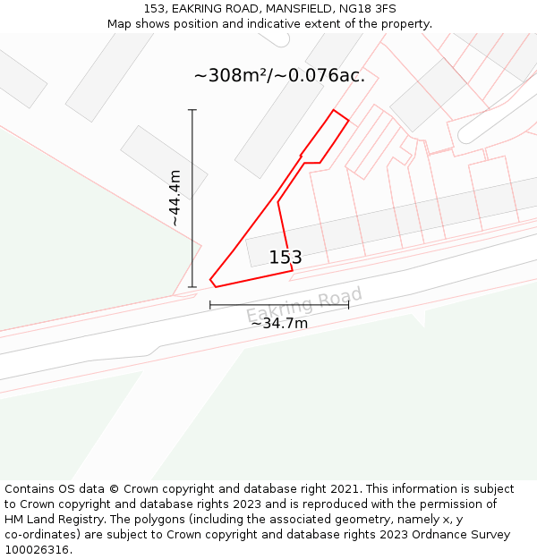 153, EAKRING ROAD, MANSFIELD, NG18 3FS: Plot and title map