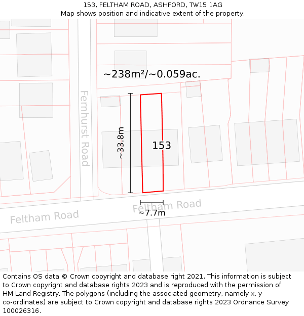 153, FELTHAM ROAD, ASHFORD, TW15 1AG: Plot and title map
