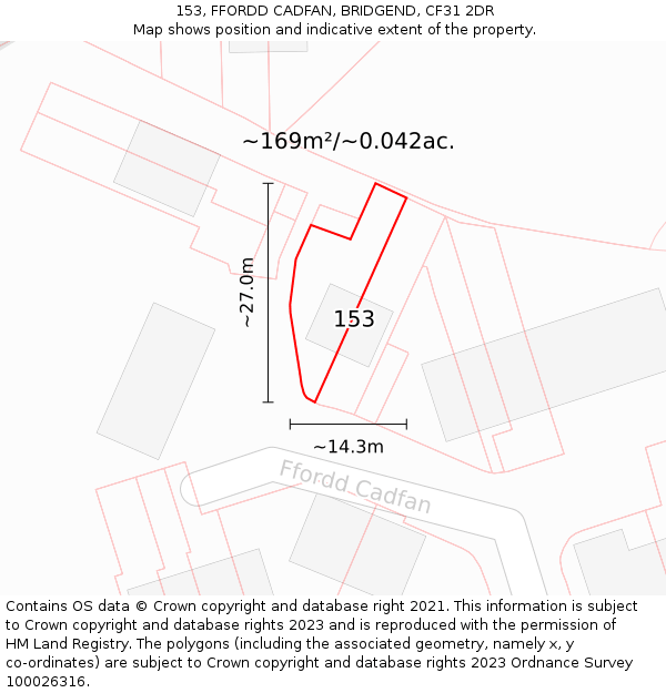 153, FFORDD CADFAN, BRIDGEND, CF31 2DR: Plot and title map