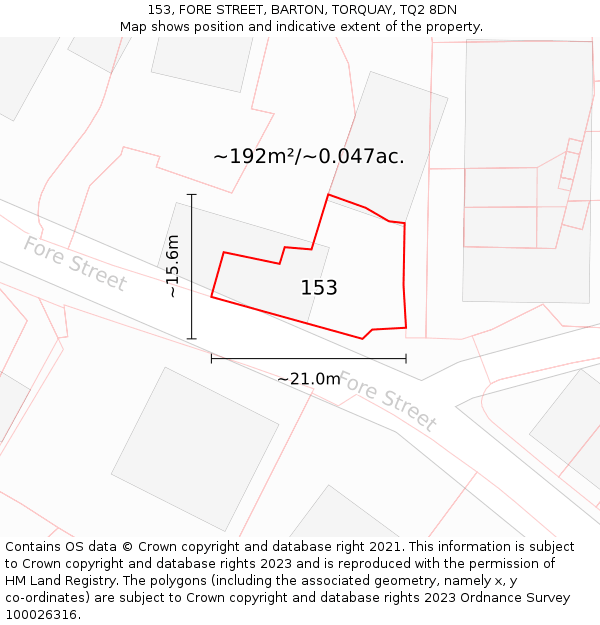153, FORE STREET, BARTON, TORQUAY, TQ2 8DN: Plot and title map