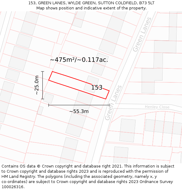 153, GREEN LANES, WYLDE GREEN, SUTTON COLDFIELD, B73 5LT: Plot and title map