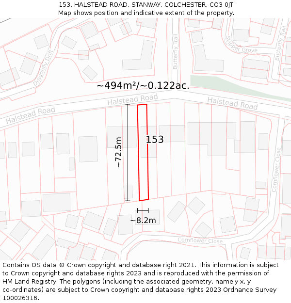 153, HALSTEAD ROAD, STANWAY, COLCHESTER, CO3 0JT: Plot and title map