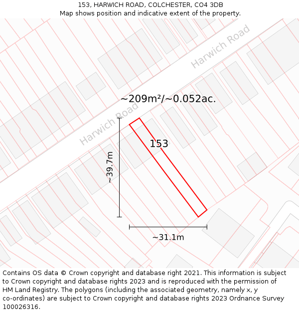 153, HARWICH ROAD, COLCHESTER, CO4 3DB: Plot and title map