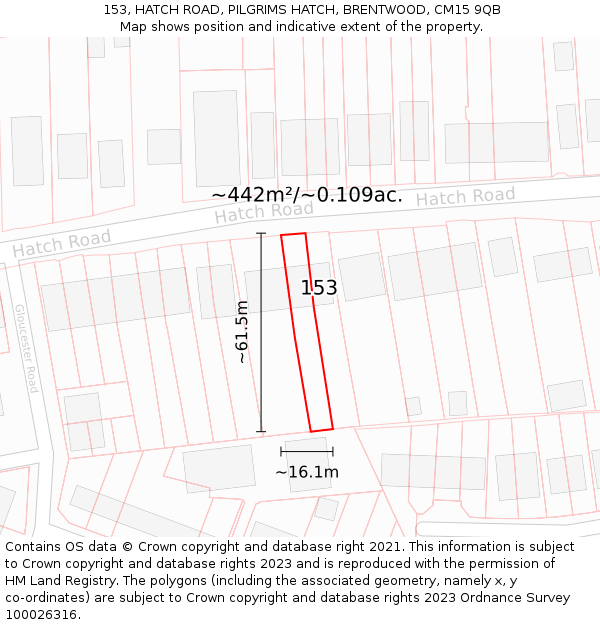 153, HATCH ROAD, PILGRIMS HATCH, BRENTWOOD, CM15 9QB: Plot and title map