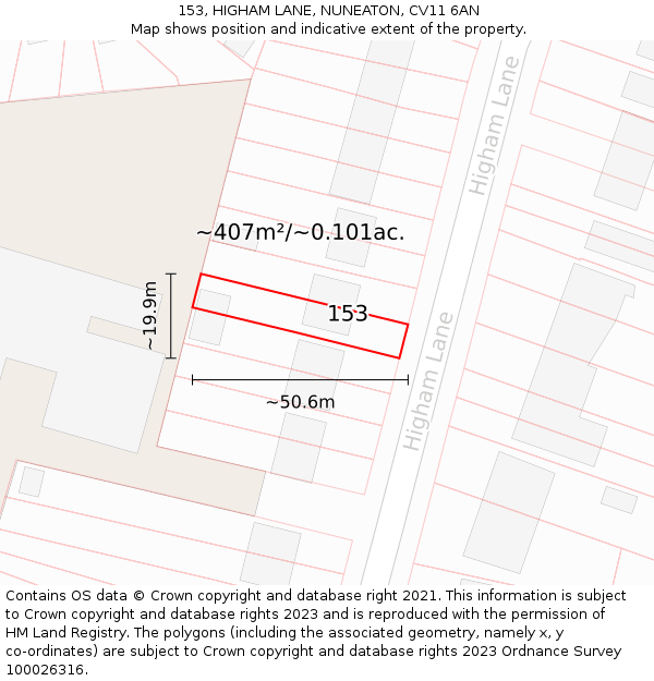 153, HIGHAM LANE, NUNEATON, CV11 6AN: Plot and title map