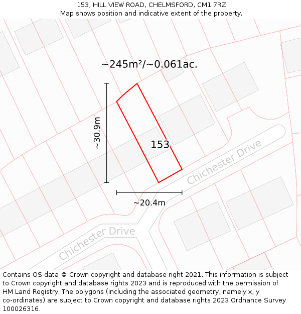 153, HILL VIEW ROAD, CHELMSFORD, CM1 7RZ: Plot and title map