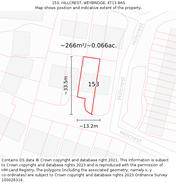 153, HILLCREST, WEYBRIDGE, KT13 8AS: Plot and title map