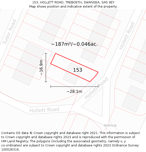 153, HOLLETT ROAD, TREBOETH, SWANSEA, SA5 9EY: Plot and title map