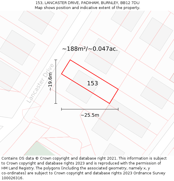 153, LANCASTER DRIVE, PADIHAM, BURNLEY, BB12 7DU: Plot and title map