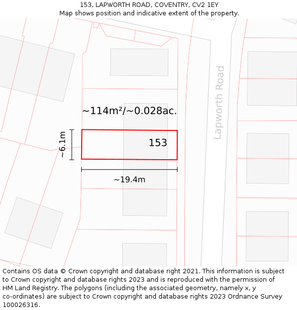 153, LAPWORTH ROAD, COVENTRY, CV2 1EY: Plot and title map
