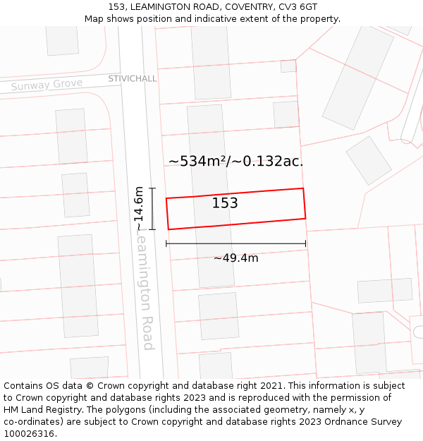 153, LEAMINGTON ROAD, COVENTRY, CV3 6GT: Plot and title map