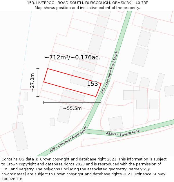 153, LIVERPOOL ROAD SOUTH, BURSCOUGH, ORMSKIRK, L40 7RE: Plot and title map