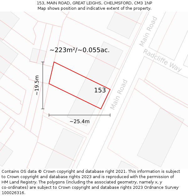 153, MAIN ROAD, GREAT LEIGHS, CHELMSFORD, CM3 1NP: Plot and title map